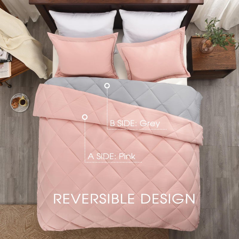 Basic Beyond Queen Comforter Set - Pink and Grey Comforter Set Queen, Reversible Bed Comforter Queen Set for All Seasons, Baby Pink/Grey, 1 Comforter (88"x92") and 2 Pillow Shams (20"x26"+2") - Image 3